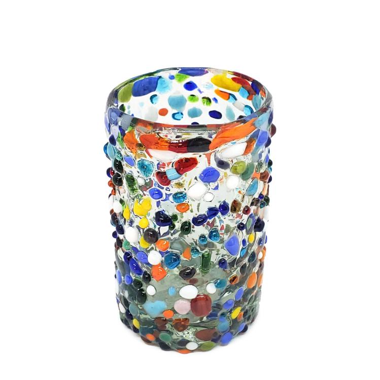 VIDRIO SOPLADO / Juego de 6 vasos Jugo 9oz Confeti granizado / Deje entrar a la primavera en su casa con ste colorido juego de vasos. El decorado con vidrio multicolor los hace resaltar en cualquier lugar.